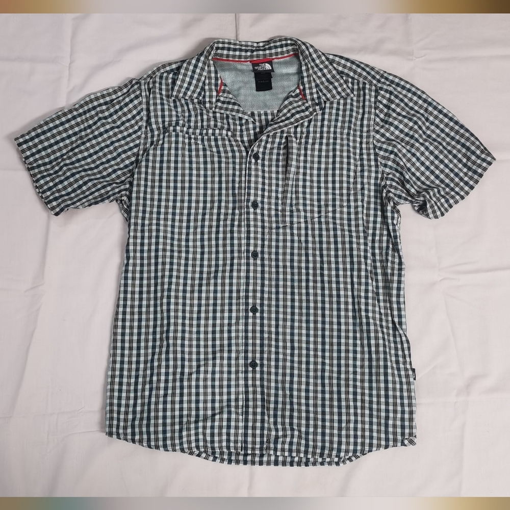 The North Face Mens Button Down Short Sleeve Shirt Plaid White Green Shirt M